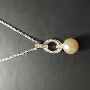 NVC Silver Tone Faux Pearl Clear Rhinestone Pendant Statement Necklace